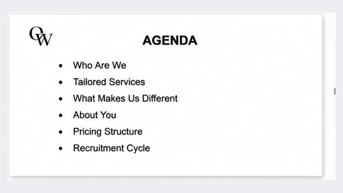Client slide before redesign — plain text-heavy layout