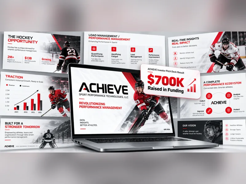 Achieve pitch deck after redesign — sport photography, red data highlights and clear traction charts