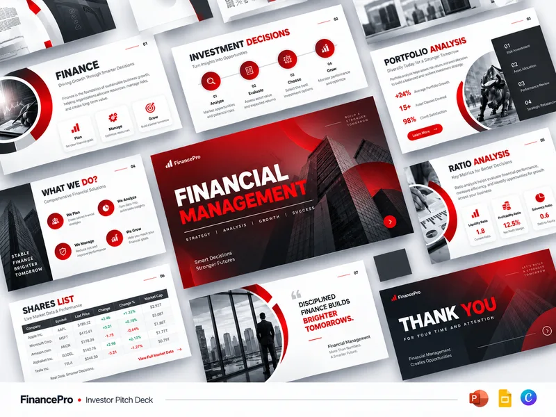 FinancePro investor deck after redesign — bold red and charcoal system with photography, strong section titles and restyled KPI slides