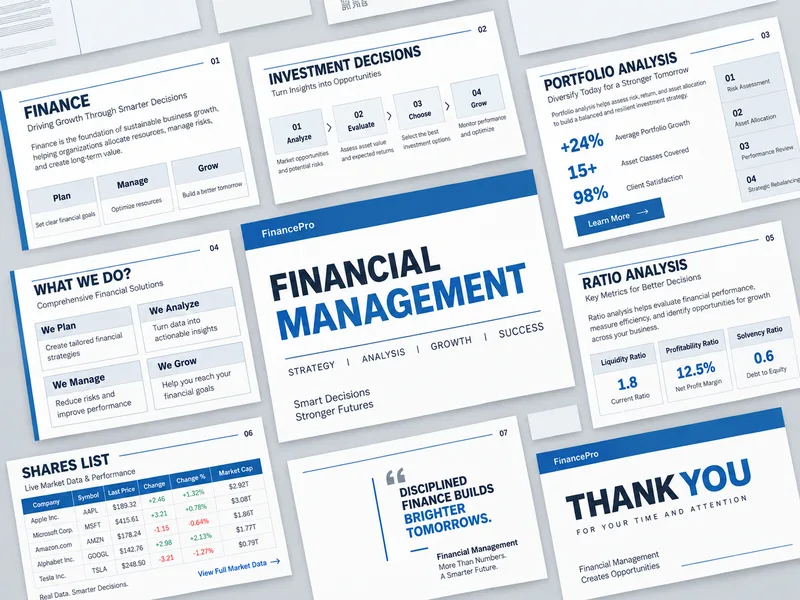 FinancePro investor deck before redesign — flat blue and grey slides with uniform layouts and small headings